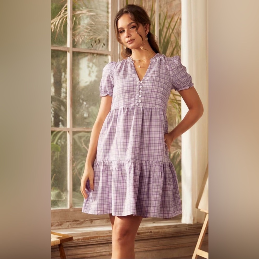 ModCloth Soft Serenade Babydoll Dress Size Medium Purple Plaid